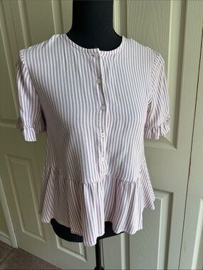 Madewell Pink and White Striped Ruffle-Hem Button Front Top